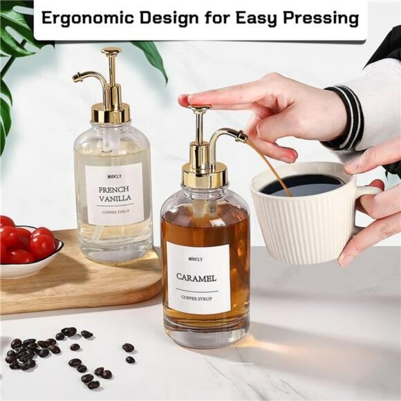 Coffee Syrup Dispenser Set with Pumps Glass Bottles Labels Coffee Bar Decor - Picture 4 of 8